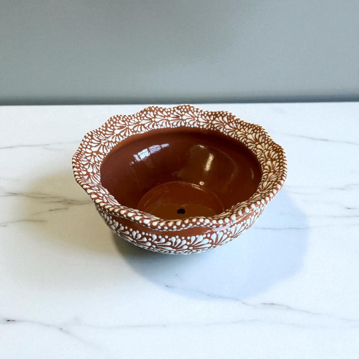 Hand Painted Mexican Talavera Wide Scalloped Rim Brown & White Planter Pot