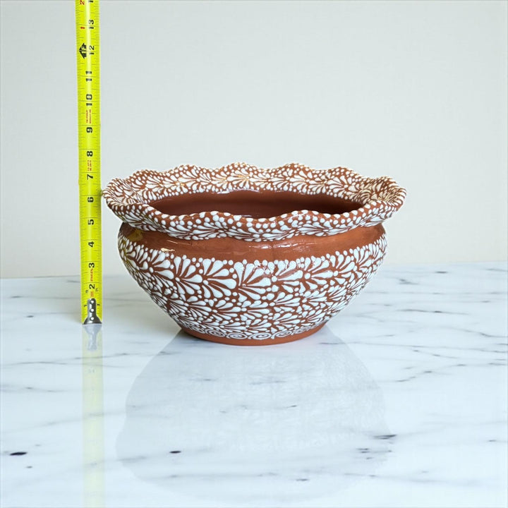 Hand Painted Mexican Talavera Wide Scalloped Rim Brown & White Planter Pot