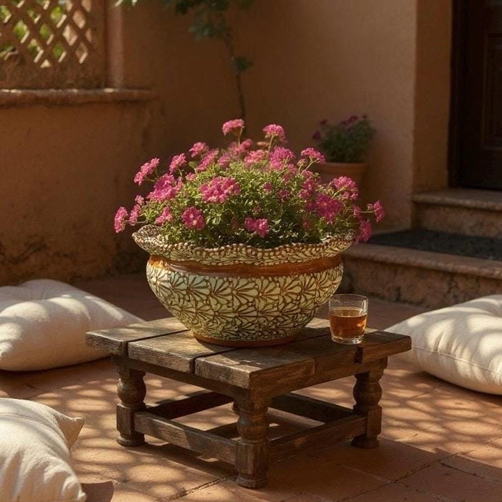 Hand Painted Mexican Talavera Wide Scalloped Rim Brown & White Planter Pot