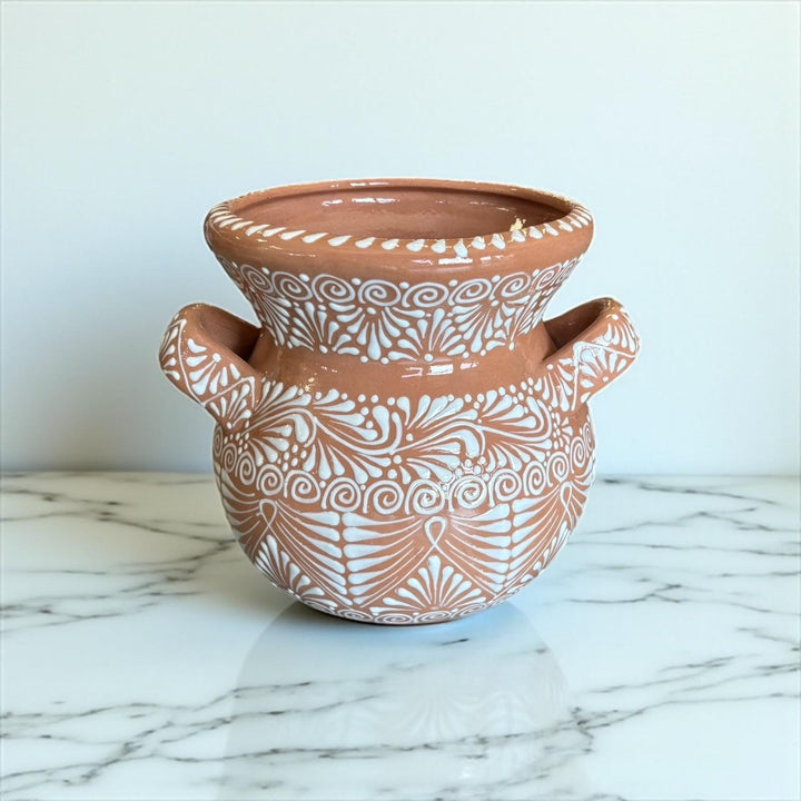 Beautiful Handpainted Mexican Talavera Light Brown & White Planter Pot with Handles (Cielito Lindo Inspired)
