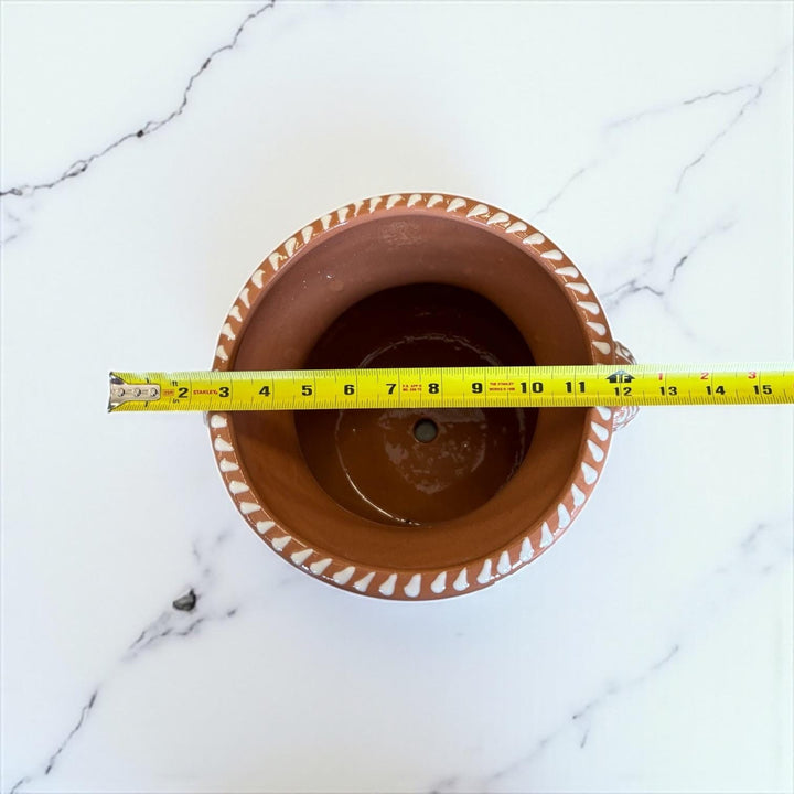 Beautiful Handpainted Mexican Talavera Light Brown & White Planter Pot with Handles (Cielito Lindo Inspired)