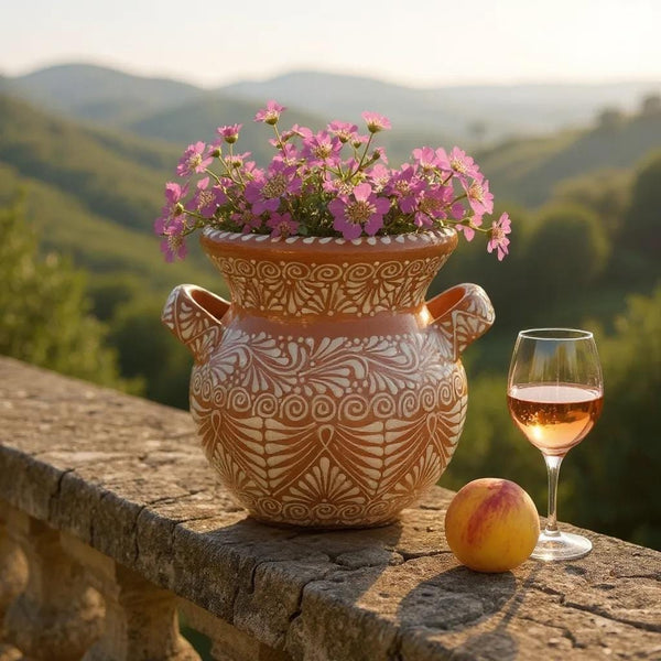 Beautiful Handpainted Mexican Talavera Light Brown & White Planter Pot with Handles (Cielito Lindo Inspired)