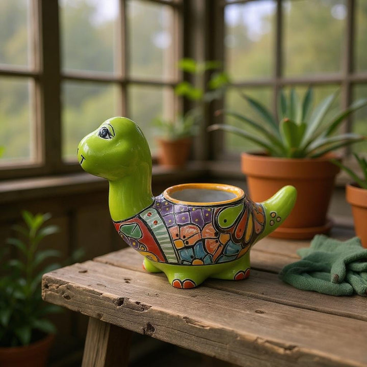Hand Painted Talavera Cartoon Dinosaur Lime Green Planter Pot (Varying Design)