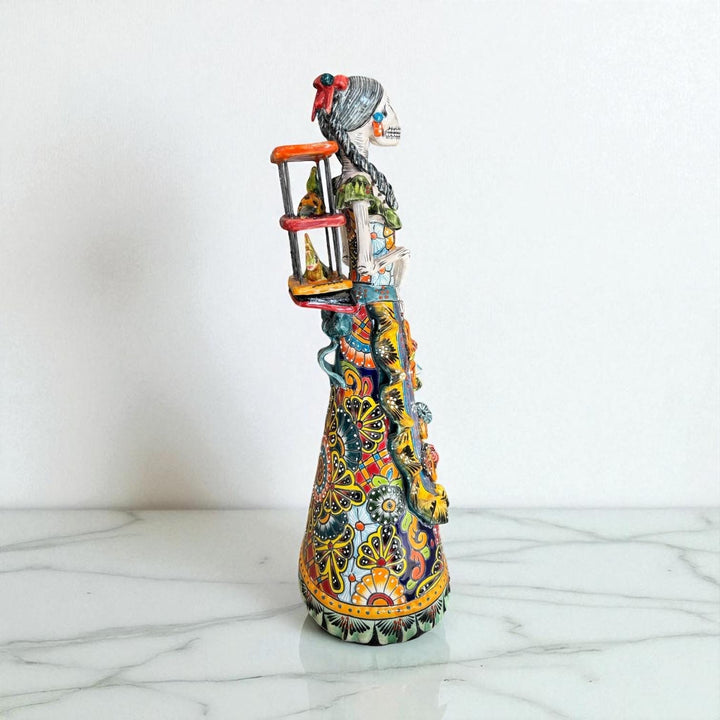 Medium Handmade Talavera Catrina Figurine, Colorful Day of the Dead Skeleton with Canary Birdcage