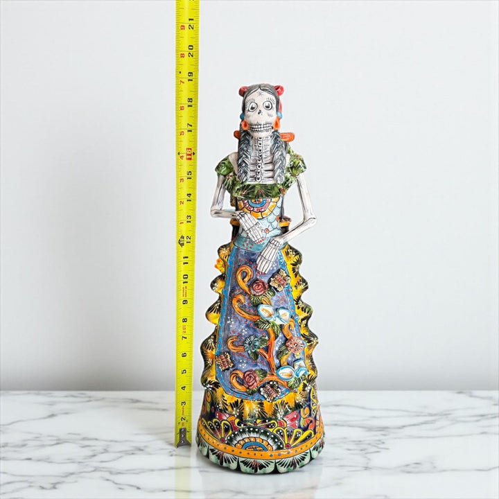 Medium Handmade Talavera Catrina Figurine, Colorful Day of the Dead Skeleton with Canary Birdcage