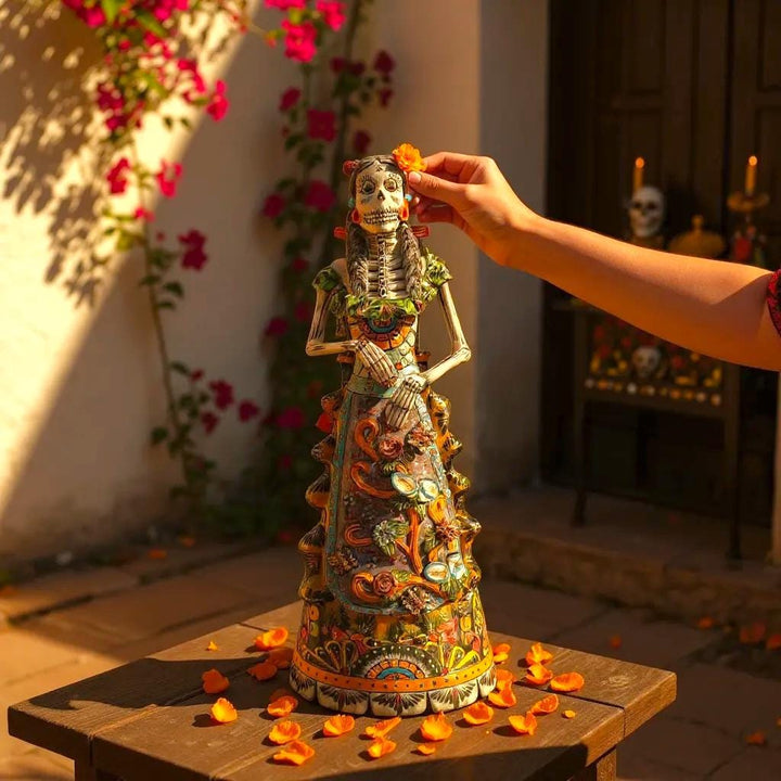 Medium Handmade Talavera Catrina Figurine, Colorful Day of the Dead Skeleton with Canary Birdcage – Free Shipping (Contiguous U.S. Only)