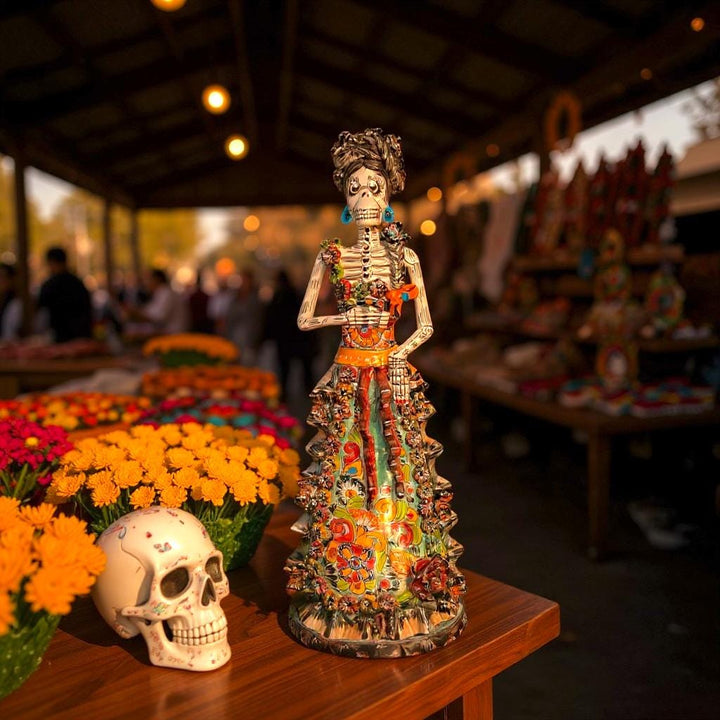 Medium Handcrafted & Handpainted Mexican Talavera Ribbons Catrina Skeleton Lady Figure – Free Shipping (Contiguous U.S. Only)