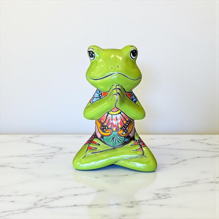 Cute Hand Painted Mexican Talavera Meditating Frog Figure – Assorted Colors (Varying Design)