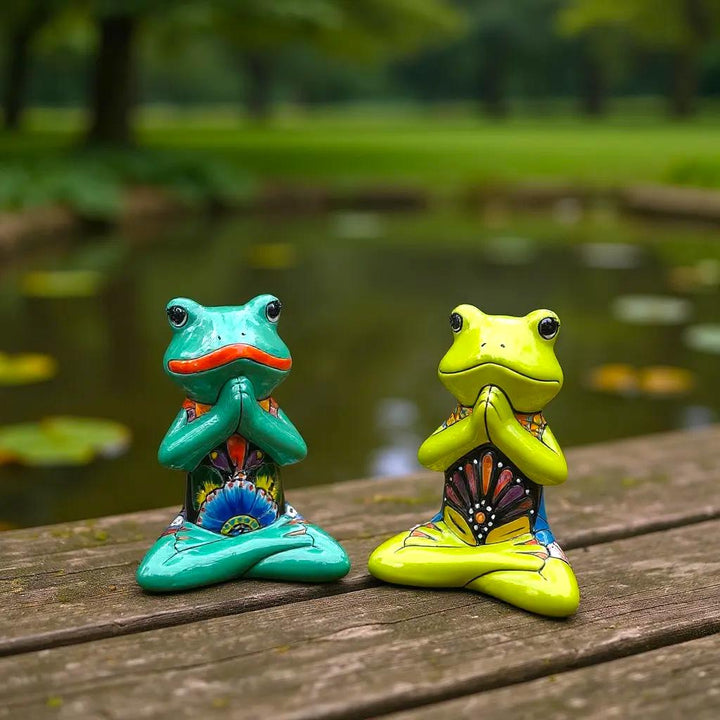 Cute Hand Painted Mexican Talavera Meditating Frog Figure – Assorted Colors (Varying Design)