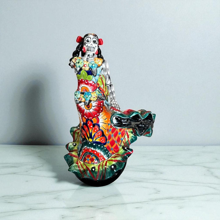 Small Handmade Talavera Catrina Figurine, Vibrant Dancing Skeleton in Folklórico Dress