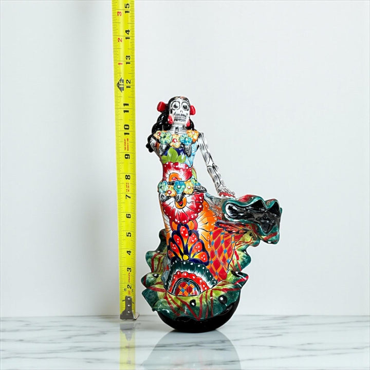 Small Handmade Talavera Catrina Figurine, Vibrant Dancing Skeleton in Folklórico Dress