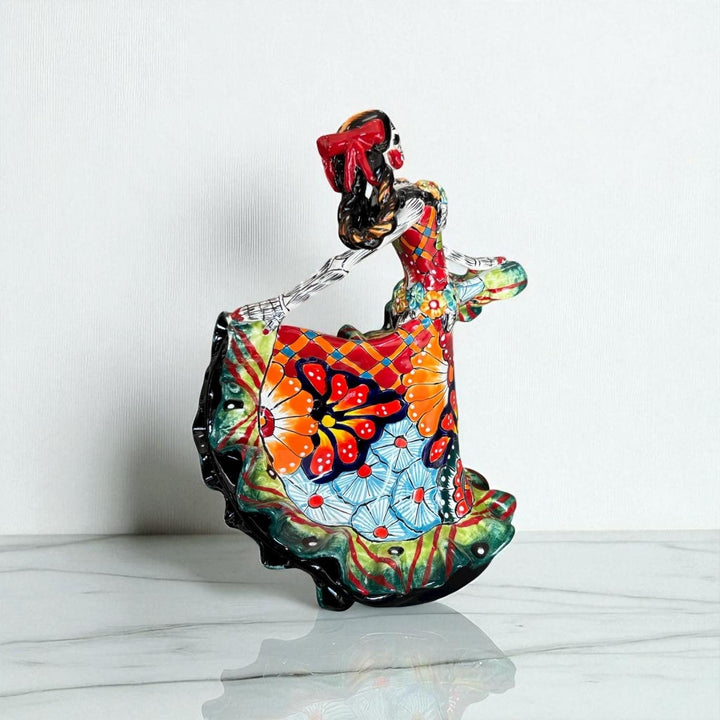 Small Handmade Talavera Catrina Figurine, Vibrant Dancing Skeleton in Folklórico Dress