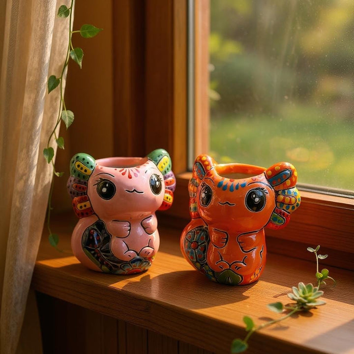 Hand Painted Kawaii Mexican Talavera Axolotl Planter Pot – Assorted Colors (Varying Design)