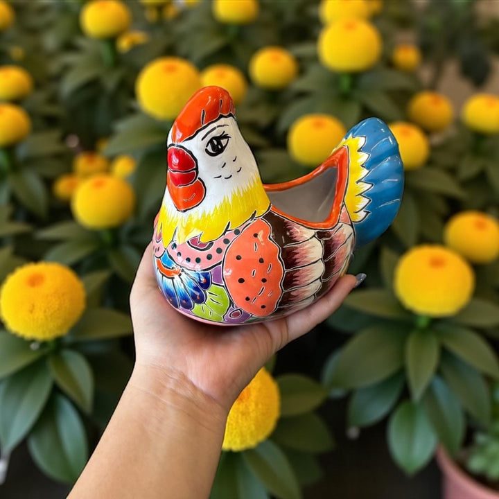 Beautiful Small Hand Painted Mexican Talavera Chicken Hen Planter Pot (Varying Design)