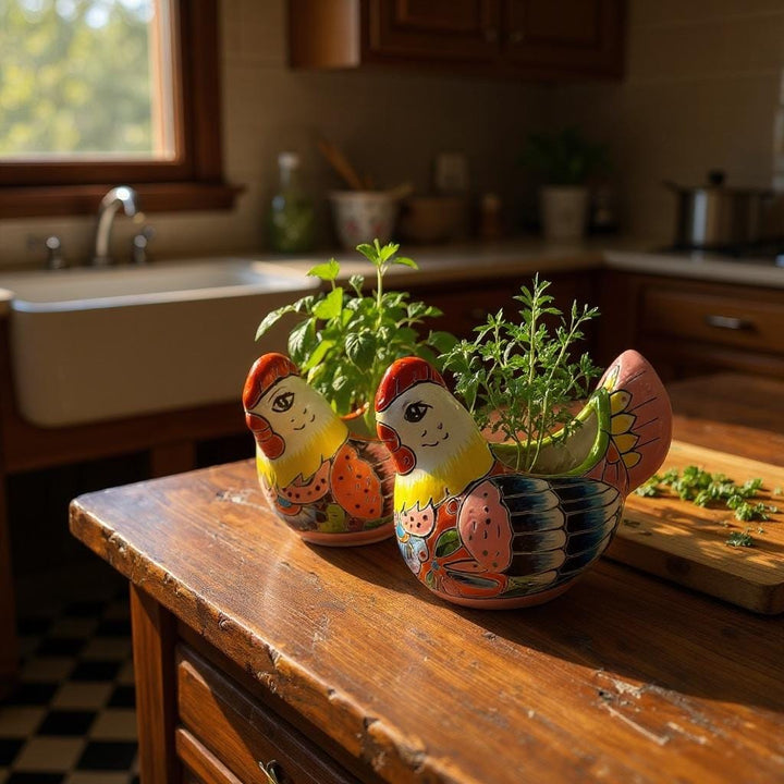 Beautiful Small Hand Painted Mexican Talavera Chicken Rooster Planter Pot (Varying Design)