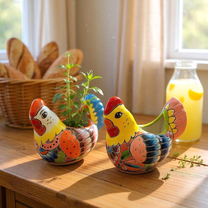 Beautiful Small Hand Painted Mexican Talavera Chicken Rooster Planter Pot (Varying Design)