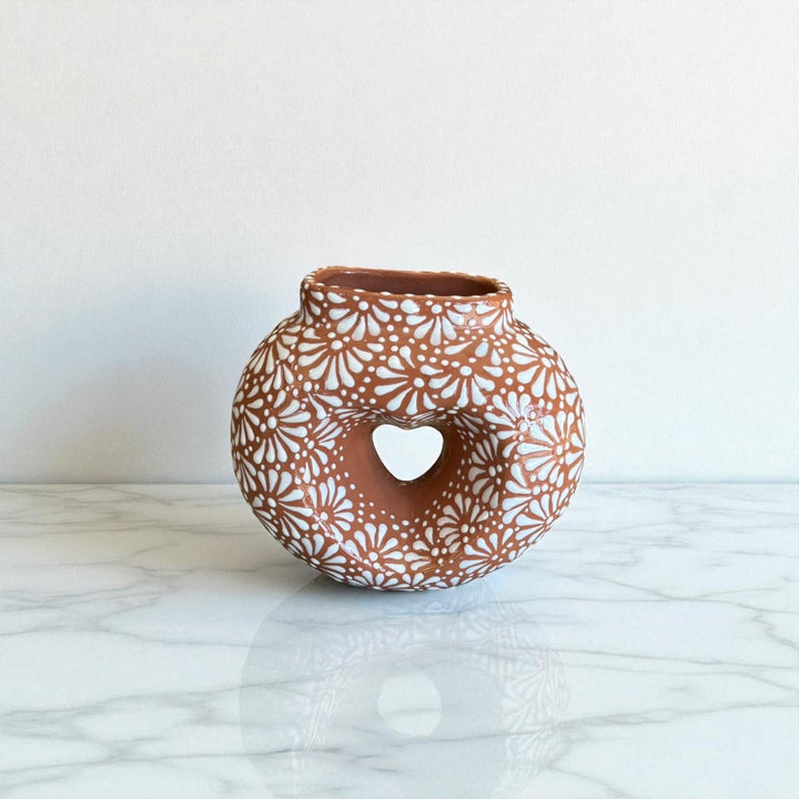 Hand Painted Mexican Talavera Brown and White Heart Donut Vase (Cielito Lindo Inspired)