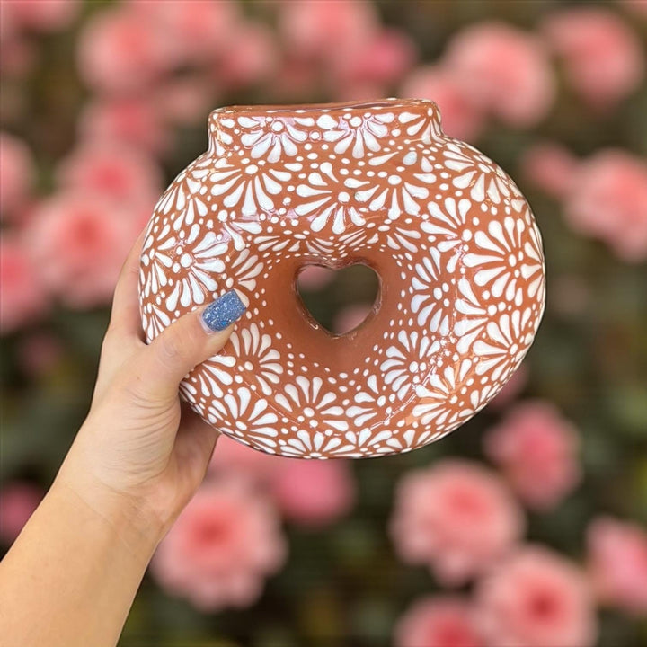Hand Painted Mexican Talavera Brown and White Heart Donut Vase (Cielito Lindo Inspired)