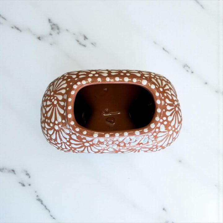 Hand Painted Mexican Talavera Brown and White Heart Donut Vase (Cielito Lindo Inspired)