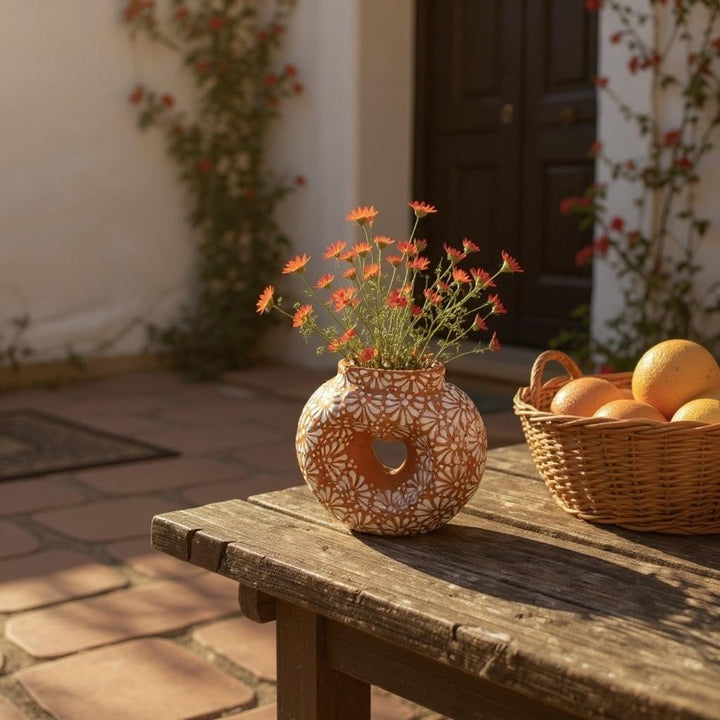 Hand Painted Mexican Talavera Brown and White Heart Donut Vase (Cielito Lindo Inspired)