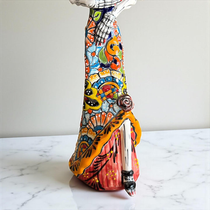 Small Handpainted Talavera Catrina Figurine, Skeleton Lady with Wide Brimmed Hat & Mermaid Dress