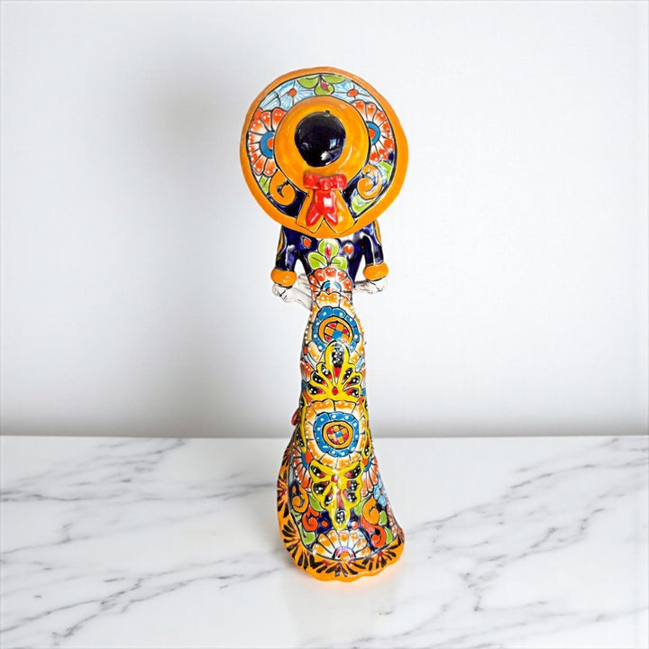 Small Handpainted Talavera Catrina Figurine, Skeleton Lady with Wide Brimmed Hat & Mermaid Dress