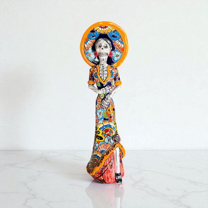 Small Handpainted Talavera Catrina Figurine, Skeleton Lady with Wide Brimmed Hat & Mermaid Dress
