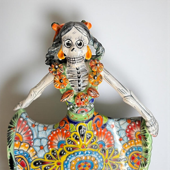 Small Handpainted Talavera Catrina Figurine, Dancing Skeleton in Folklórico Dress