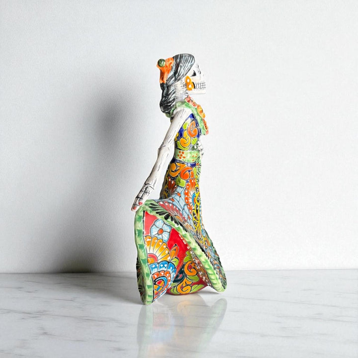 Small Handpainted Talavera Catrina Figurine, Dancing Skeleton in Folklórico Dress