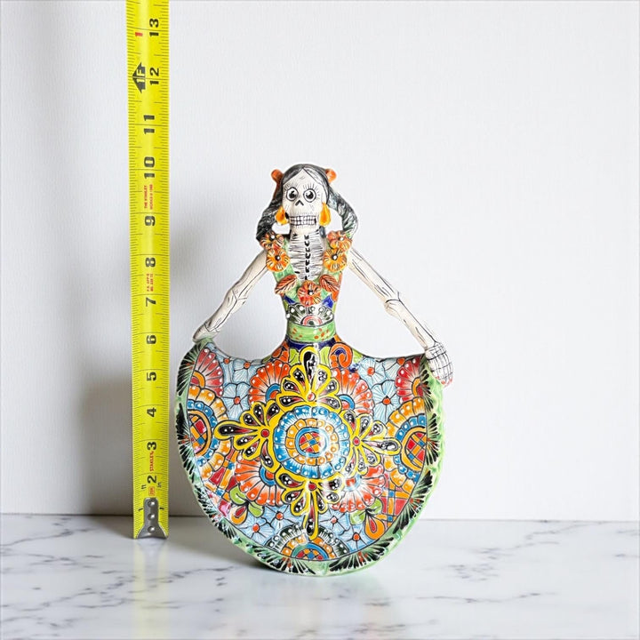 Small Handpainted Talavera Catrina Figurine, Dancing Skeleton in Folklórico Dress