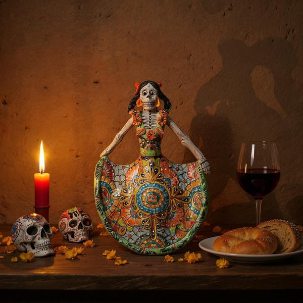 Small Handpainted Talavera Catrina Figurine, Dancing Skeleton in Folklórico Dress