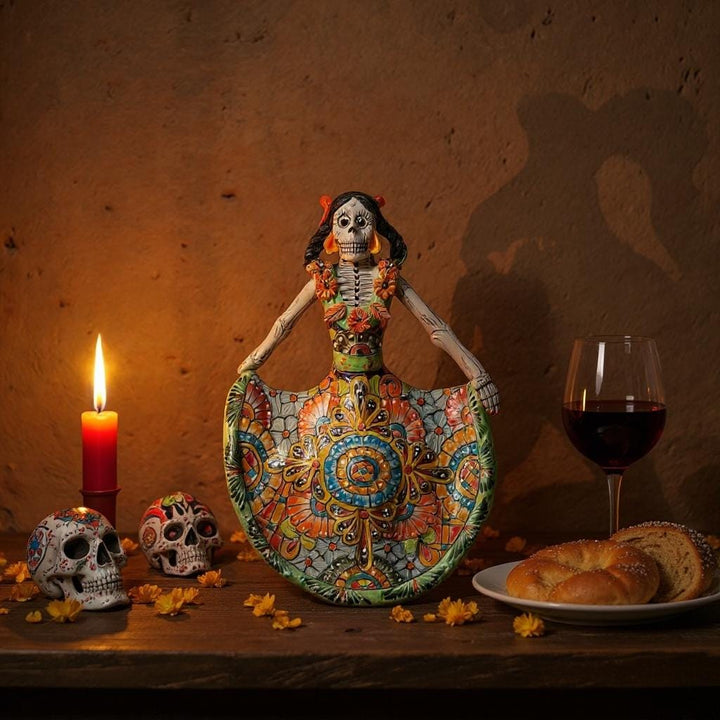 Small Handpainted Talavera Catrina Figurine, Dancing Skeleton in Folklórico Dress