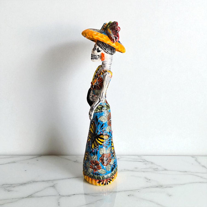 Small Handmade Talavera Elegant Catrina Skeleton Figurine in Butterfly Dress with Purse & Wide Brimmed Hat