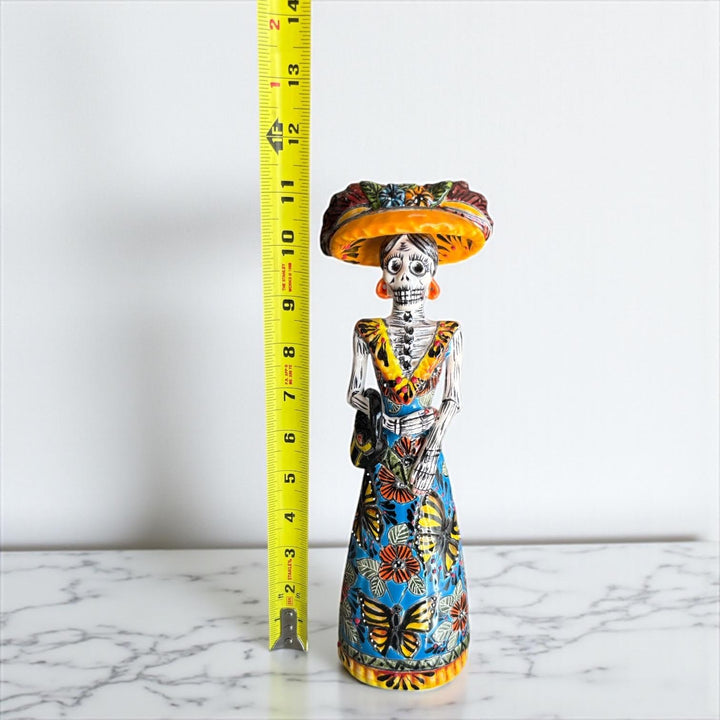 Small Handmade Talavera Elegant Catrina Skeleton Figurine in Butterfly Dress with Purse & Wide Brimmed Hat