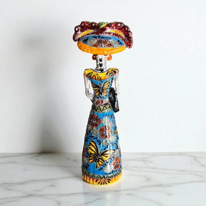 Small Handmade Talavera Elegant Catrina Skeleton Figurine in Butterfly Dress with Purse & Wide Brimmed Hat