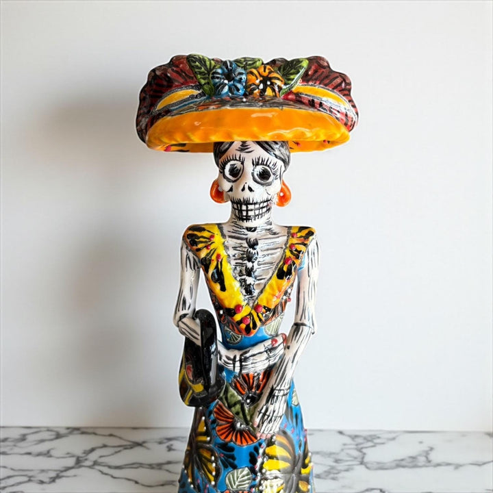 Small Handmade Talavera Elegant Catrina Skeleton Figurine in Butterfly Dress with Purse & Wide Brimmed Hat