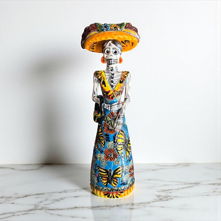 Small Handmade Talavera Elegant Catrina Skeleton Figurine in Butterfly Dress with Purse & Wide Brimmed Hat