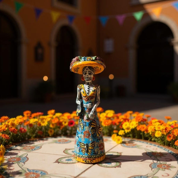 Small Handmade Talavera Elegant Catrina Skeleton Figurine in Butterfly Dress with Purse & Wide Brimmed Hat