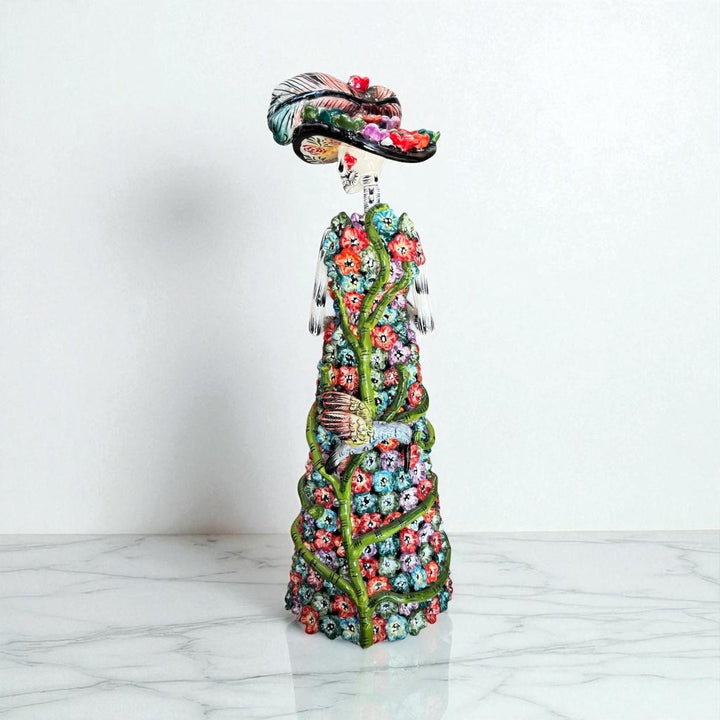 Beautiful Large Handcrafted & Handpainted Mexican Talavera Vibrant Garden Floral Hummingbird Catrina Figurine
