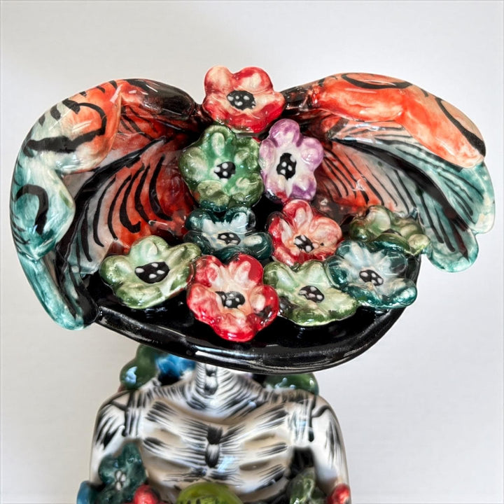 Beautiful Large Handcrafted & Handpainted Mexican Talavera Vibrant Garden Floral Hummingbird Catrina Figurine