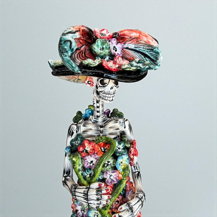 Large Handcrafted Mexican Talavera Catrina Folk Art Figurine, Hummingbird Floral Garden (Multicolor) – Free Shipping (Contiguous U.S. Only)