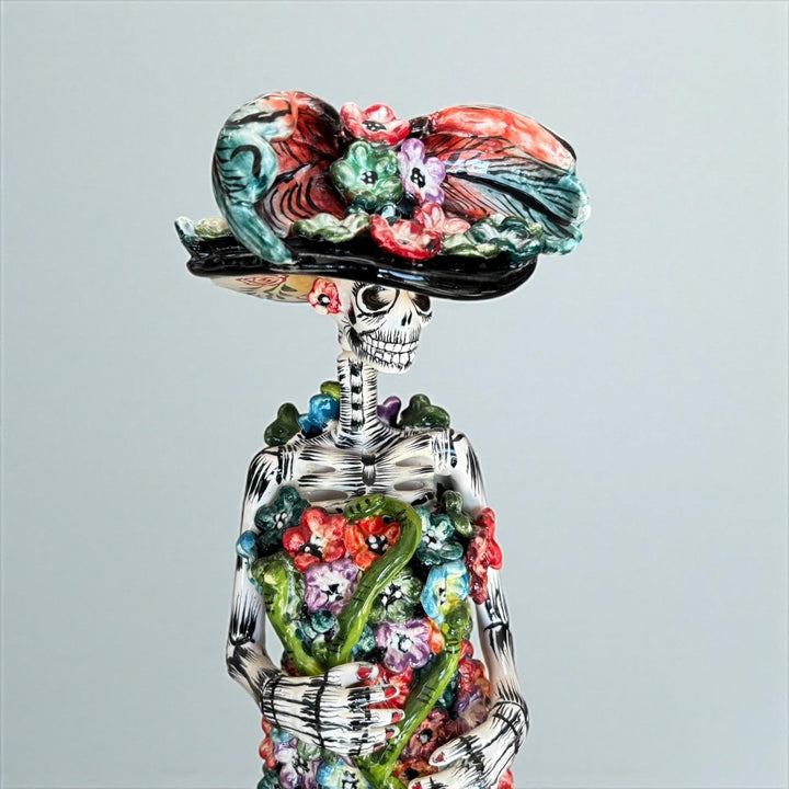 Beautiful Large Handcrafted & Handpainted Mexican Talavera Vibrant Garden Floral Hummingbird Catrina Figurine