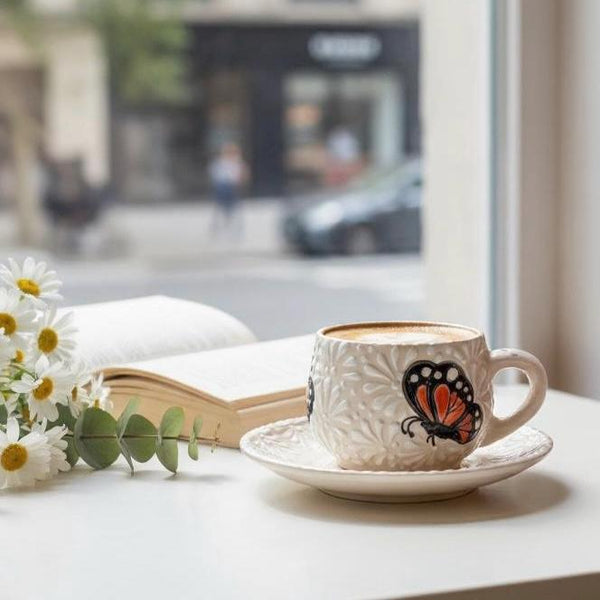 Beautiful Hand Painted Talavera Ivory and White Butterfly Tea Cup & Saucer