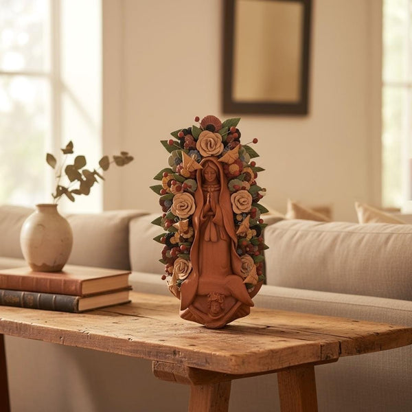Handmade Small Brown Clay & MultiColor Rustic Mexican Folkart Virgin Mary “Virgen de Guadalupe” (Virgencita de Barro)