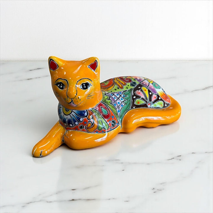 Cute Hand Painted Mexican Talavera Resting Tangerine Orange Cat Figure