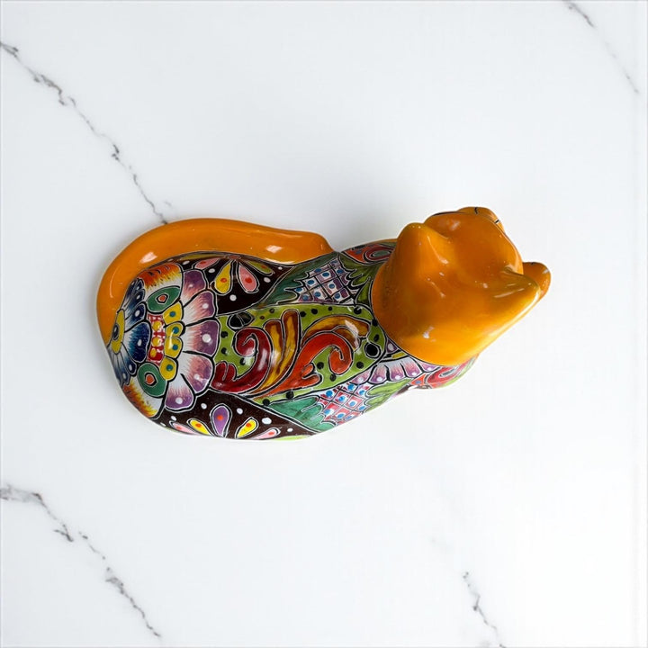 Cute Hand Painted Mexican Talavera Resting Tangerine Orange Cat Figure