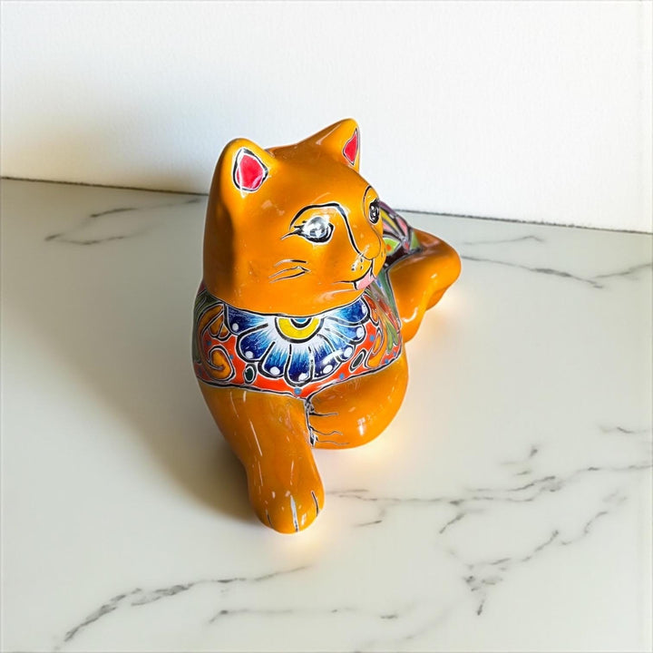 Cute Hand Painted Mexican Talavera Resting Tangerine Orange Cat Figure