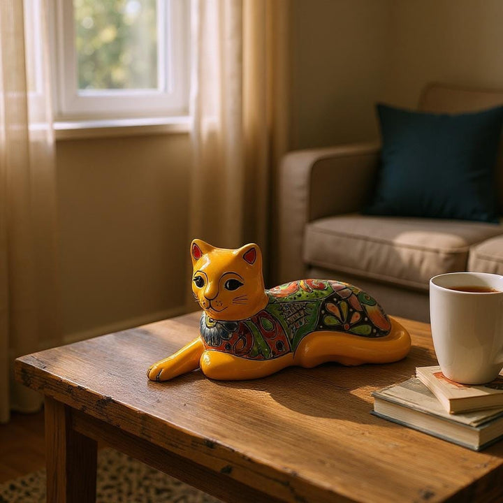Cute Hand Painted Mexican Talavera Resting Tangerine Orange Cat Figure