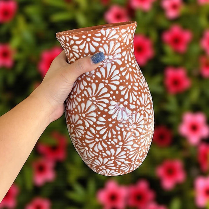 Hand Painted Mexican Talavera Brown and White Standard Vase (Cielito Lindo Inspired)