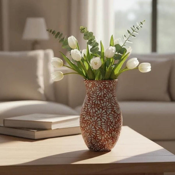 Hand Painted Mexican Talavera Brown and White Standard Vase (Cielito Lindo Inspired)